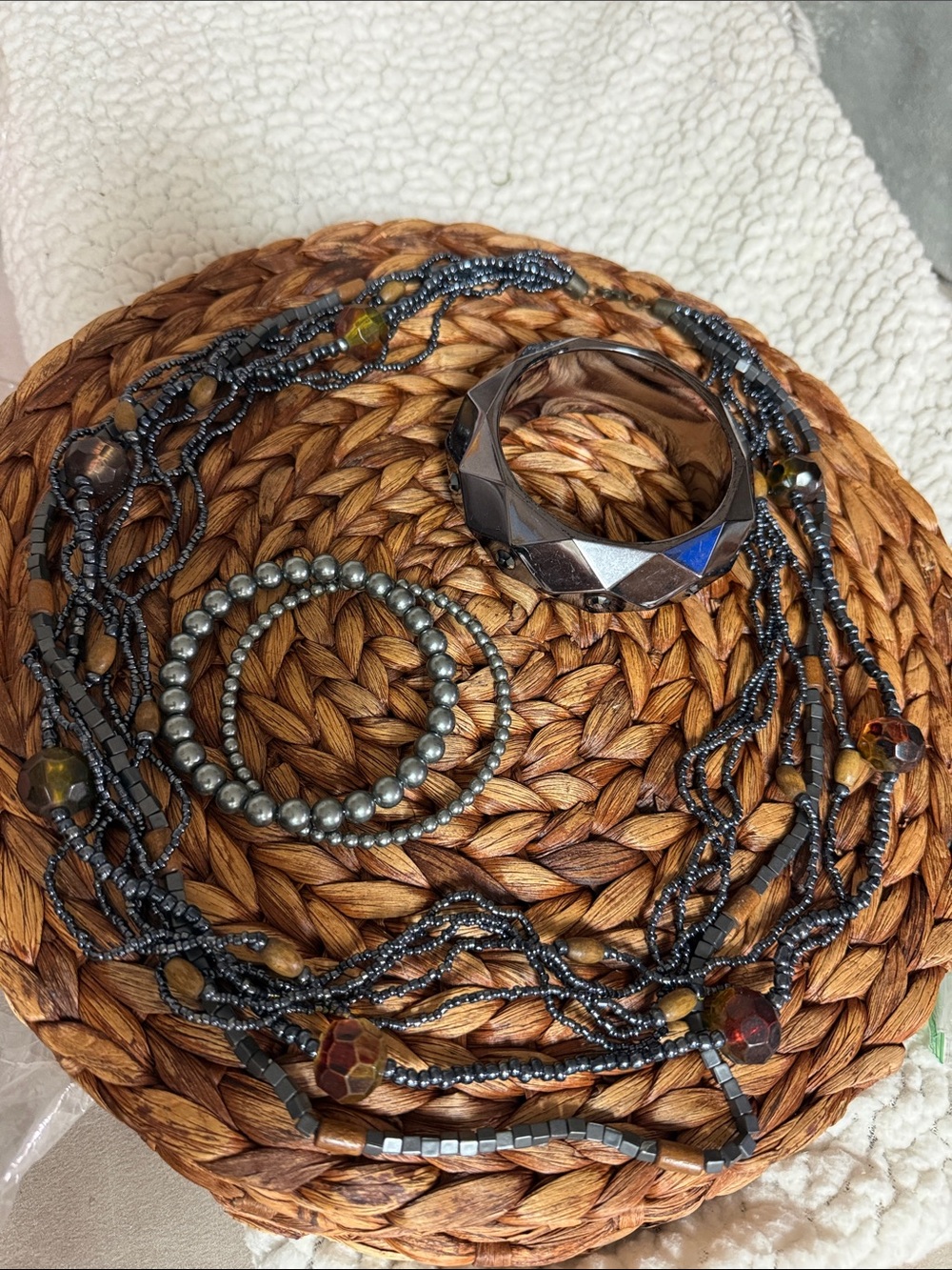 Multi-Strand Hematite and Metallic Bead Necklace Bracelets Bundle- Gunmetal Gray